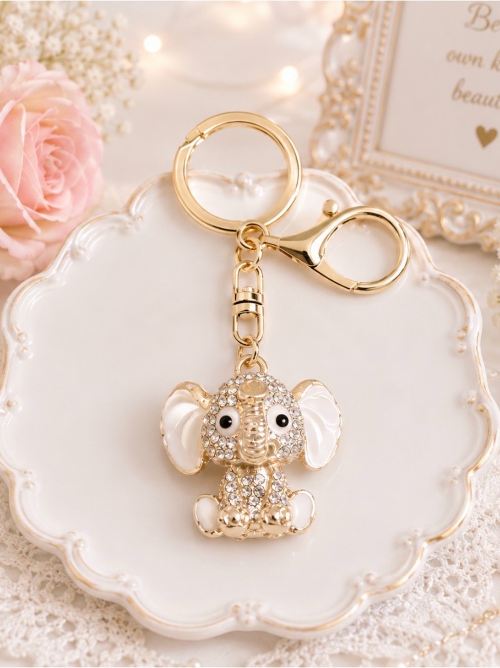 Bag charm/Keyring- White Rhinestone Baby Lucky Elephant-Gold Hardware